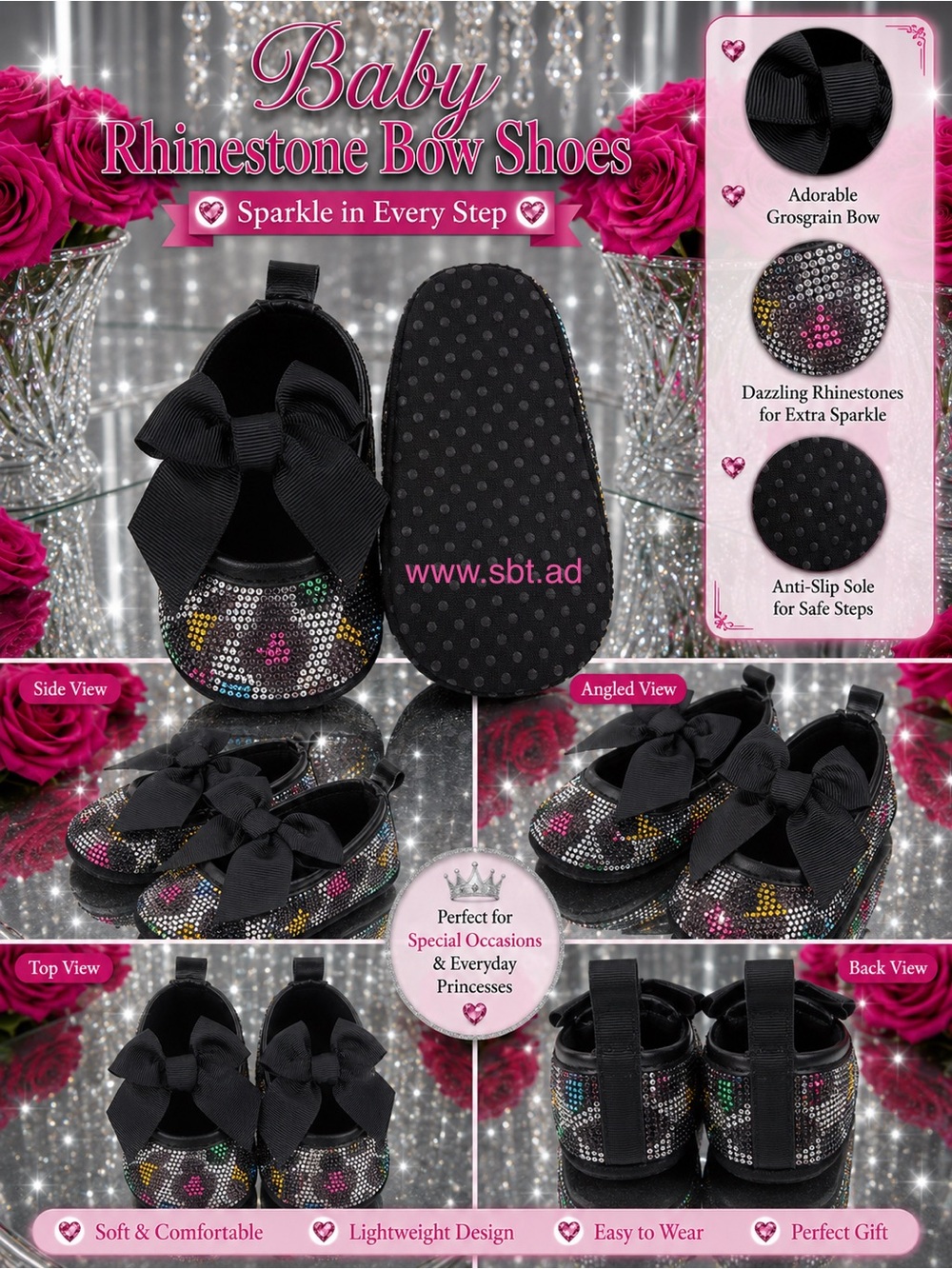 NWT Cute Baby Girl Shoes Sparkling Bling Swarovski Rhinestone Mary Jane Flats - Picture 6 of 15
